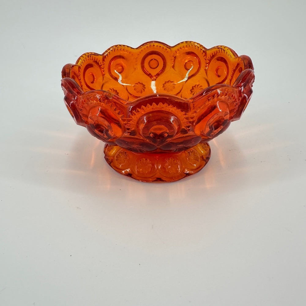 Vintage Amberina Moon and Star Glass Pedestal Bowl Scalloped Orange Red 5 Inch